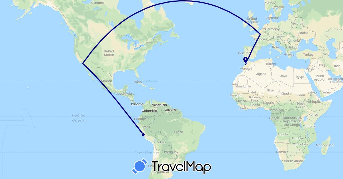 TravelMap itinerary: driving in France, Morocco, Peru, United States (Africa, Europe, North America, South America)